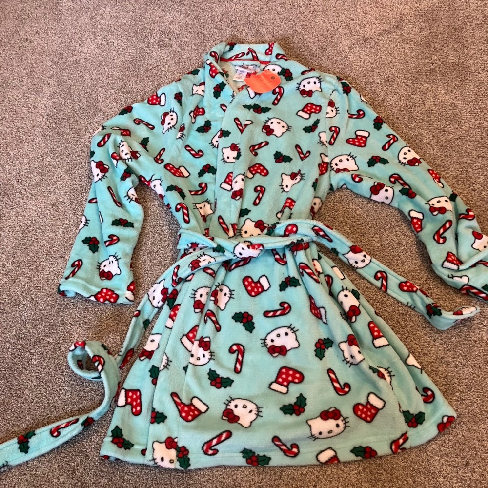 Hello Kitty Sanrio Christmas Fleece Robe Aqua Blue Holiday Plus Size 1X New